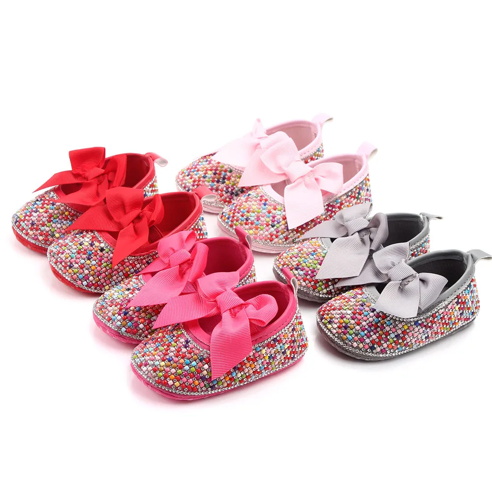 Baby Girls Sparkly Bow Rhinestone Princess Dress Shoes Infant Crib Shoes Mary Jane Flats
