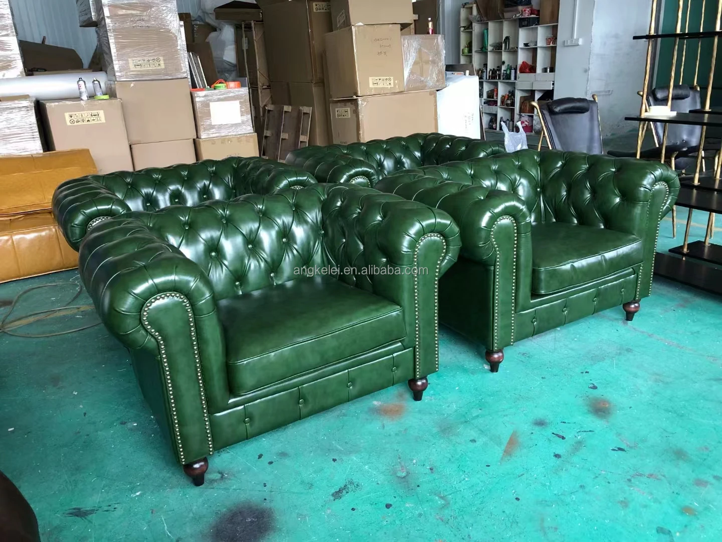Office Sofa Set Furniture Green Leather 3 Seater Sofa Chesterfield