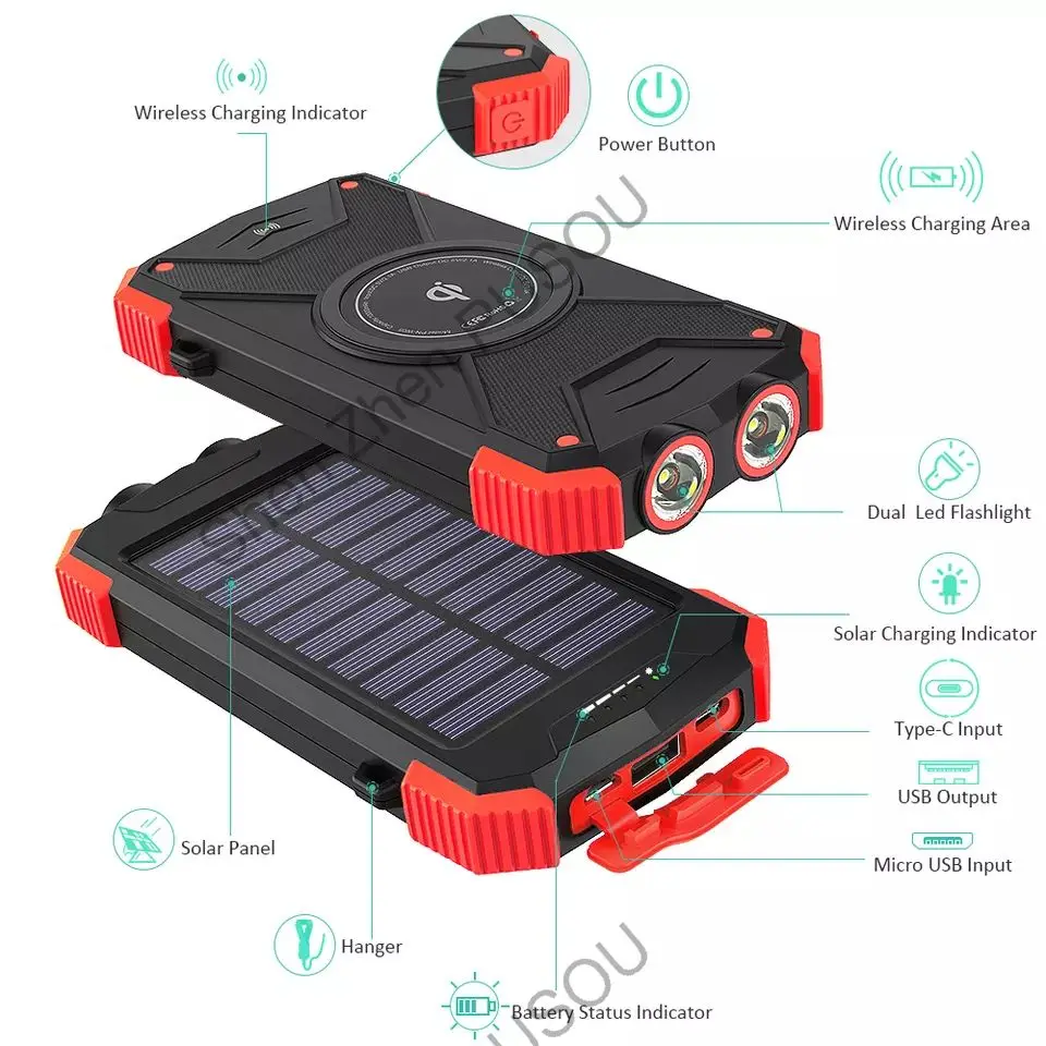 Torche Usb Tanche Panneau Solaire Batterie Externe Mobile Lampe De Poche Chargeur Rapide