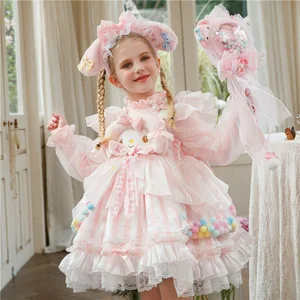 Girls' All Seasons Lolita Dress O-Neck Princess Suspender Dress with Lace Decorations New Baby Girl's Outfit Clothes for Kids
