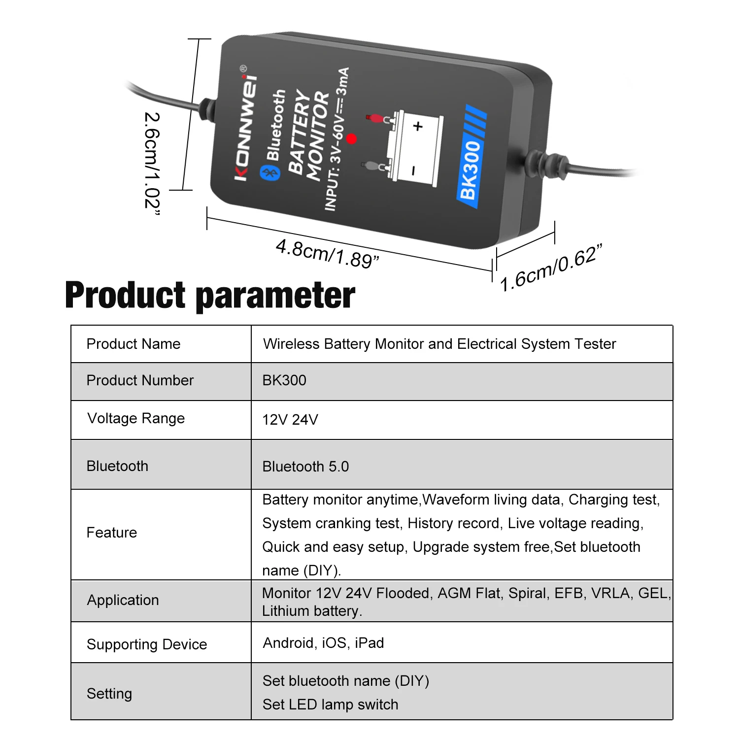 Mini 12V 24V Bluetooth Car Battery Monitor BK300 Vs BM2