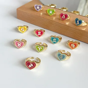 JOJO Fashion Colorful Adjustable Drop Oil Love Heart Y2K 12 Zodiac Constellation Brass Ring For Women Girls