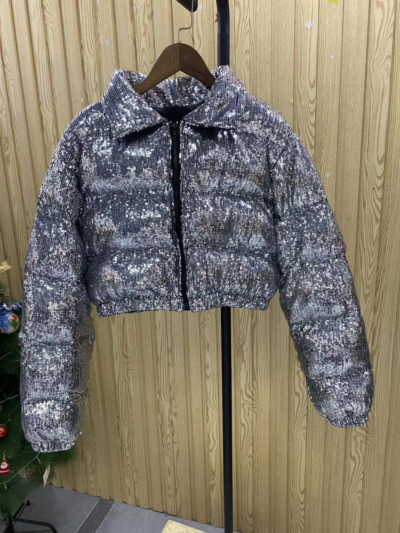 Custom Sequins Embroidered Winter Coat Padded Cropped Zip up 
