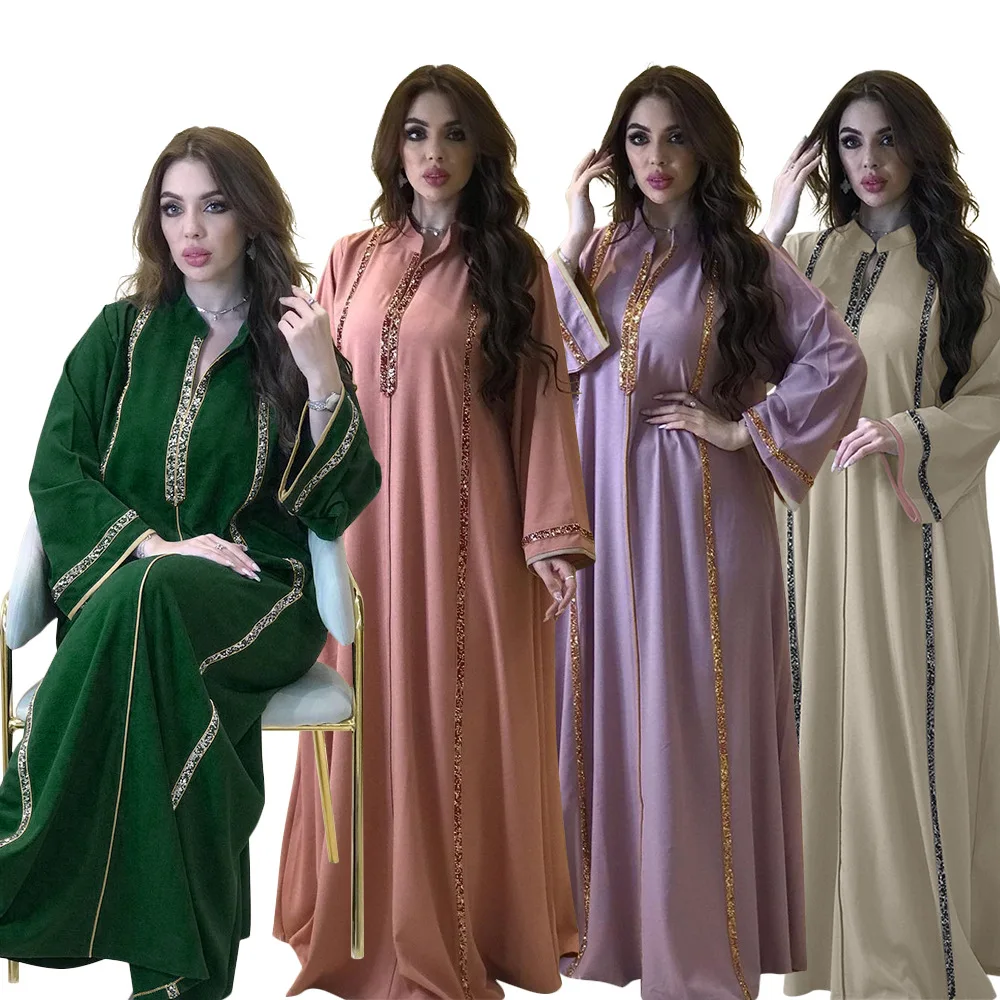 Dubai Middle East Simple Modest Kaftan Eid Jalabiya Women Muslim Dress Fashion Solid Diamonds Moroccan Caftan for Woman