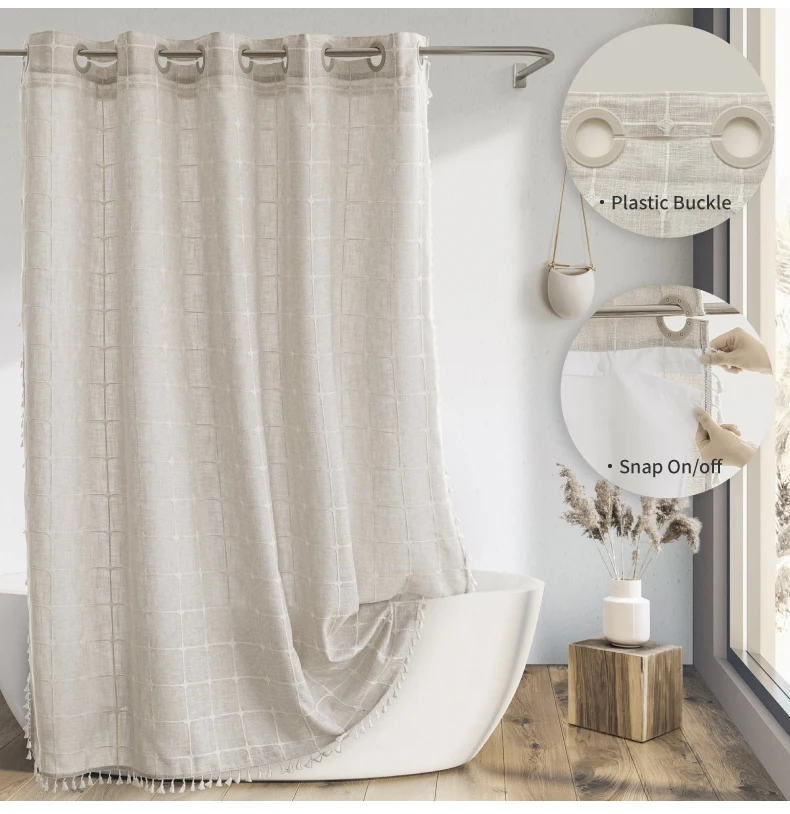 Modern Farmhouse Waterproof Hookless Boho Linen Fabric Checked Shower
