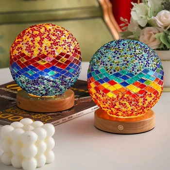 China's New Turkish Desk Lamp Warm White Night Light with Glass Charging Touch Wooden Bottom and Mosaic Bedside for Bedroom