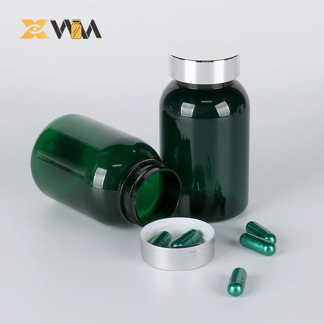Custom Silver Cap Food Grade 100ml 120ml 150ml PET Green PLastic Bottle with for Vitamin/ Capsule/ Tablet/ Pharmacy/ Medicine