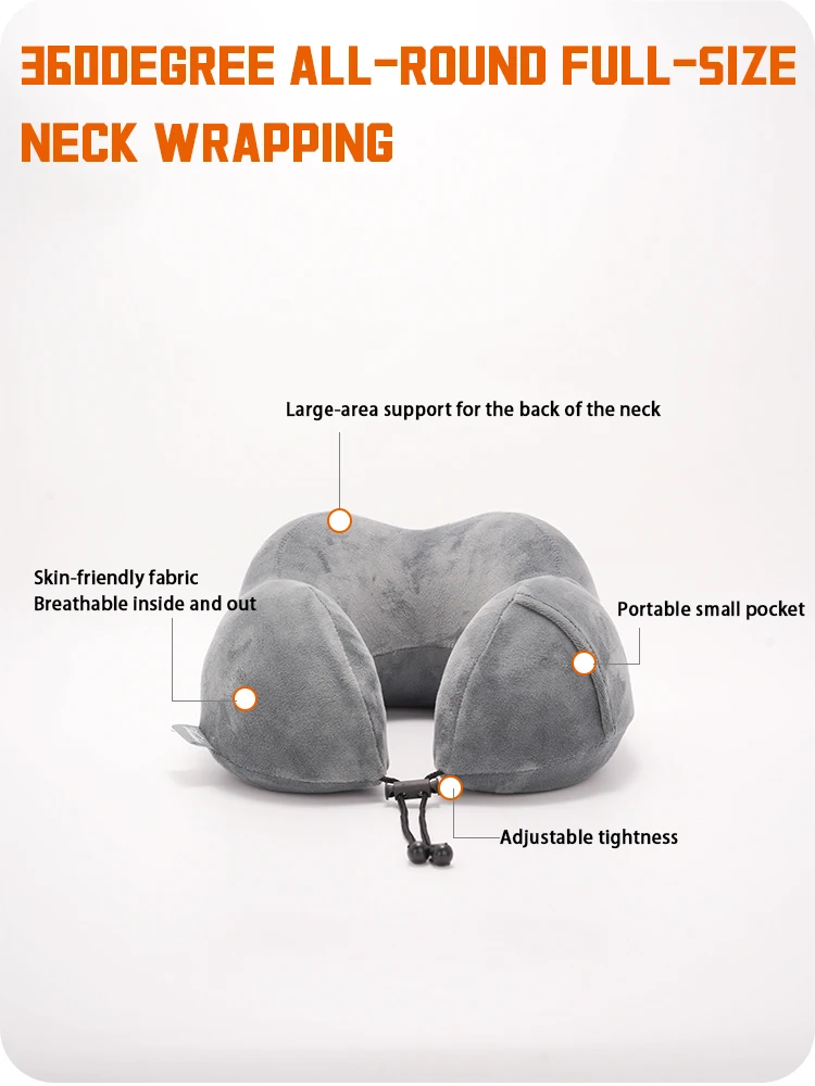 Factory Sell 100% Pure Memory Foam Travel Neck Pillow for Flight Headrest Sleep Portable Plane Accessories Grey with Pocket