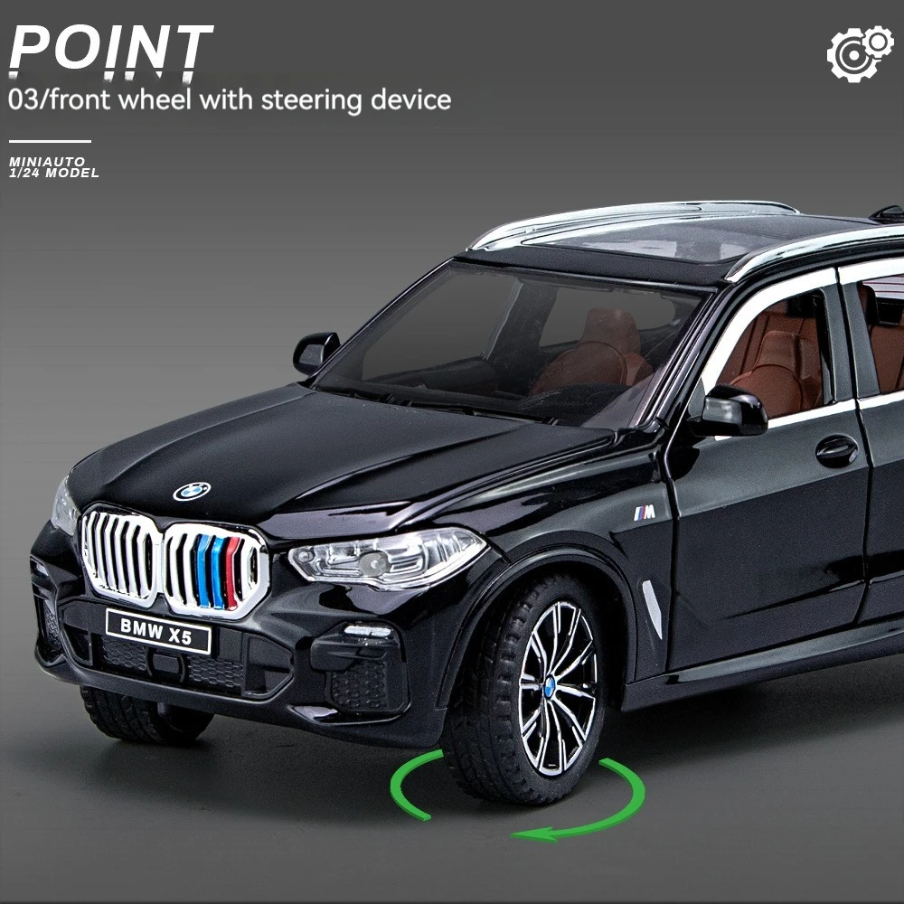 Diecast Model Cars 1:24 BWM X5 with Sound and Light Pullback Doors Open Decorate Ornament Metal Model Car Toys
