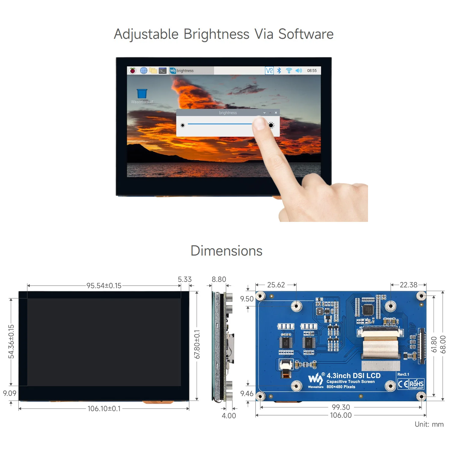 Waveshare 4.3inch Qled Display,Dsi Interface,800 X 480,Integrated ...