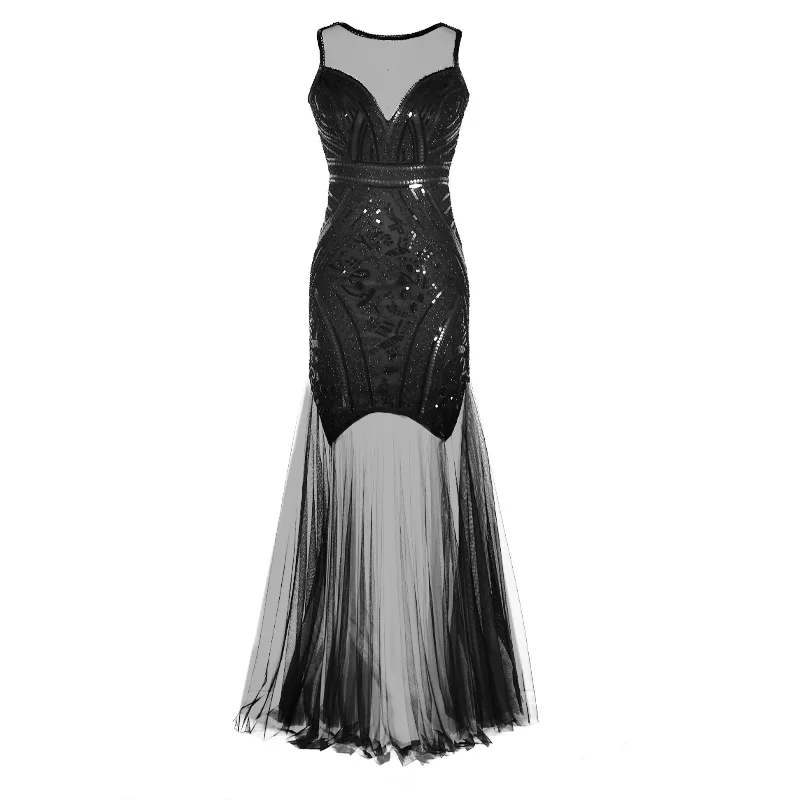 1920s sequin backless formal dress BABEYOND Women’s Halter Neck Sequin Long Prom Dress, Sleeveless Mermaid Evening Gowns, Black, Size XL main image 1