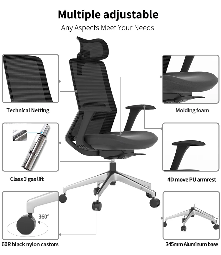 Home High Back Mesh Swivel Computer Desk Boss Chair Luxury Ergonomic Executive Commercial Office Chair with Headrest