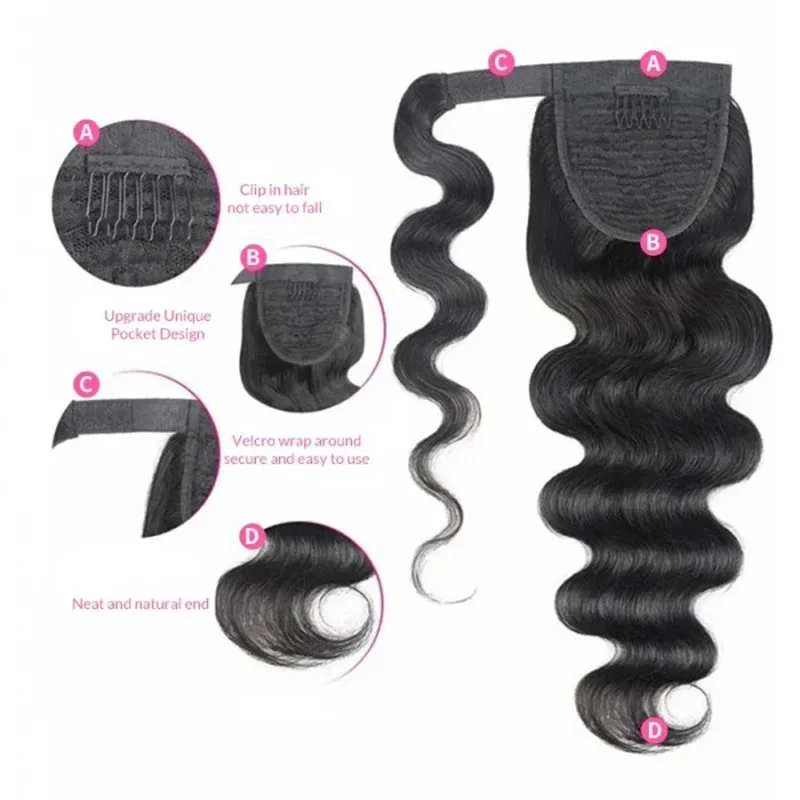 Extension de queue de cheval à clipser, cheveux longs ondulés, queue de cheval, cheveux humains, 26 pouces, extensions de cheveux naturels Chipin pour femmes_voghion.com