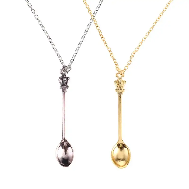 Mini Crown Tea Spoon Necklace 20" 24" 30" Chain Alice Spoon Charm Pendant Gift