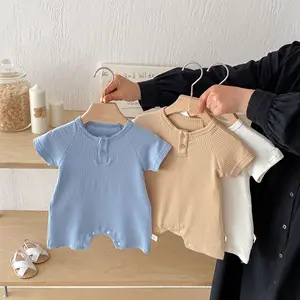 2026 Summer Casual Baby Jumpsuit Korean Style ODM Unisex Short-Sleeved Crawler Suit with Button Closure for Home Outing