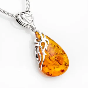 Custom Jewelry Necklace Raw Natural Amber S925 Sterling Silver Gold-plated Drop-shaped Stone Pendant