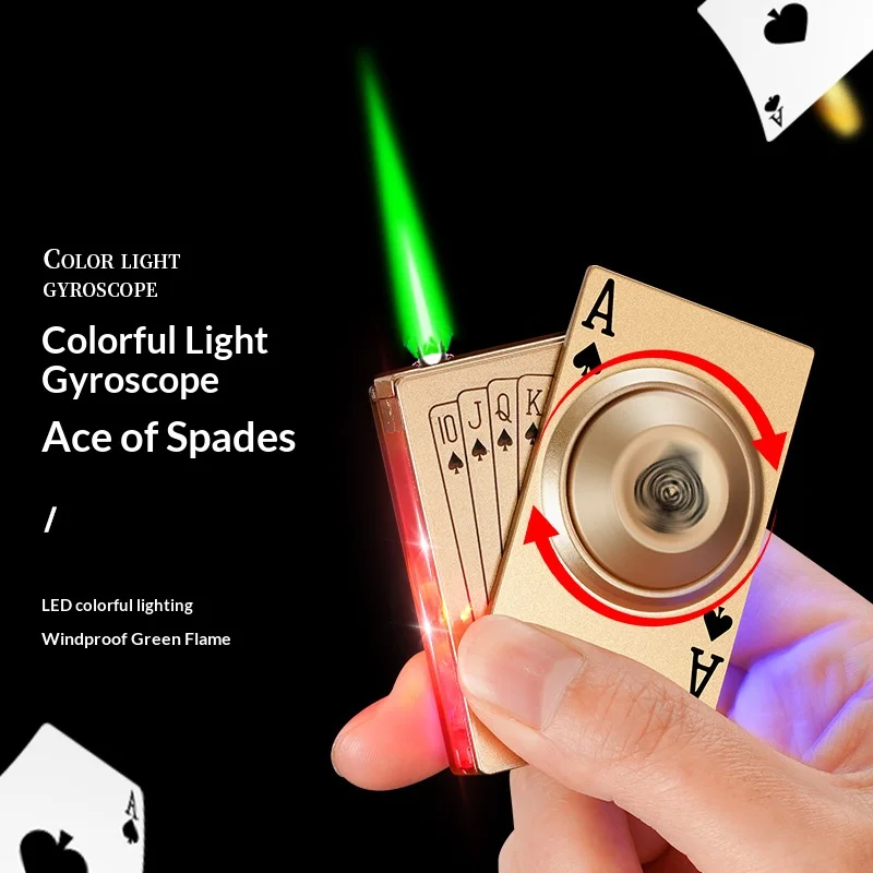 New Arrival Rotatable Side Slide Poker Shaped Windproof Igniter Green Flame Creative Gift for Men