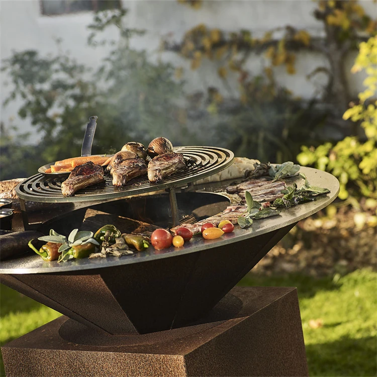 Corten Steel Bbq Set/outdoor Charcoal Bbq Grill Metal Barbecue Fire Pit With Grill Table Wood