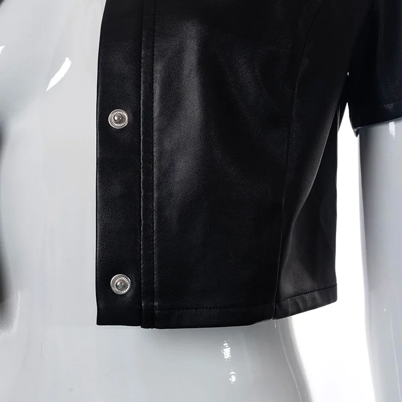 Black PU Leather Button Up Short Sleeve Crop Top T Shirt Women Fashion 2021 Streetwear Vintage Clothes