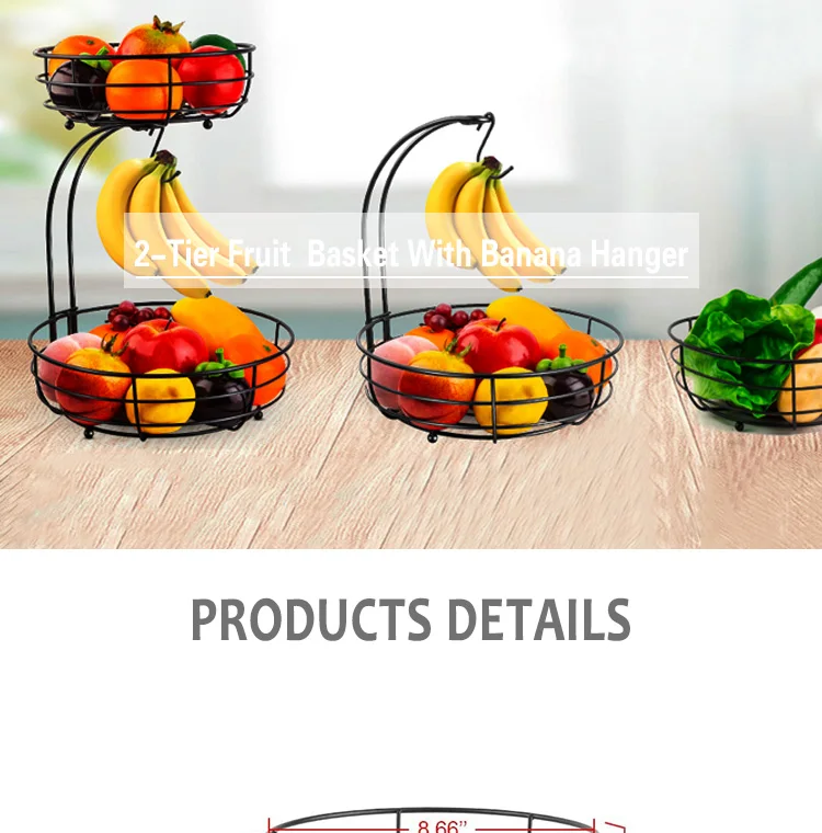 2-tier Iron Fruit Basket With Banana Hanger For Kitchen - Buy Two-tier ...