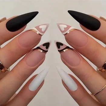 24Pcs Colors wholesale French style black and white love color Stiletto Press On Nails