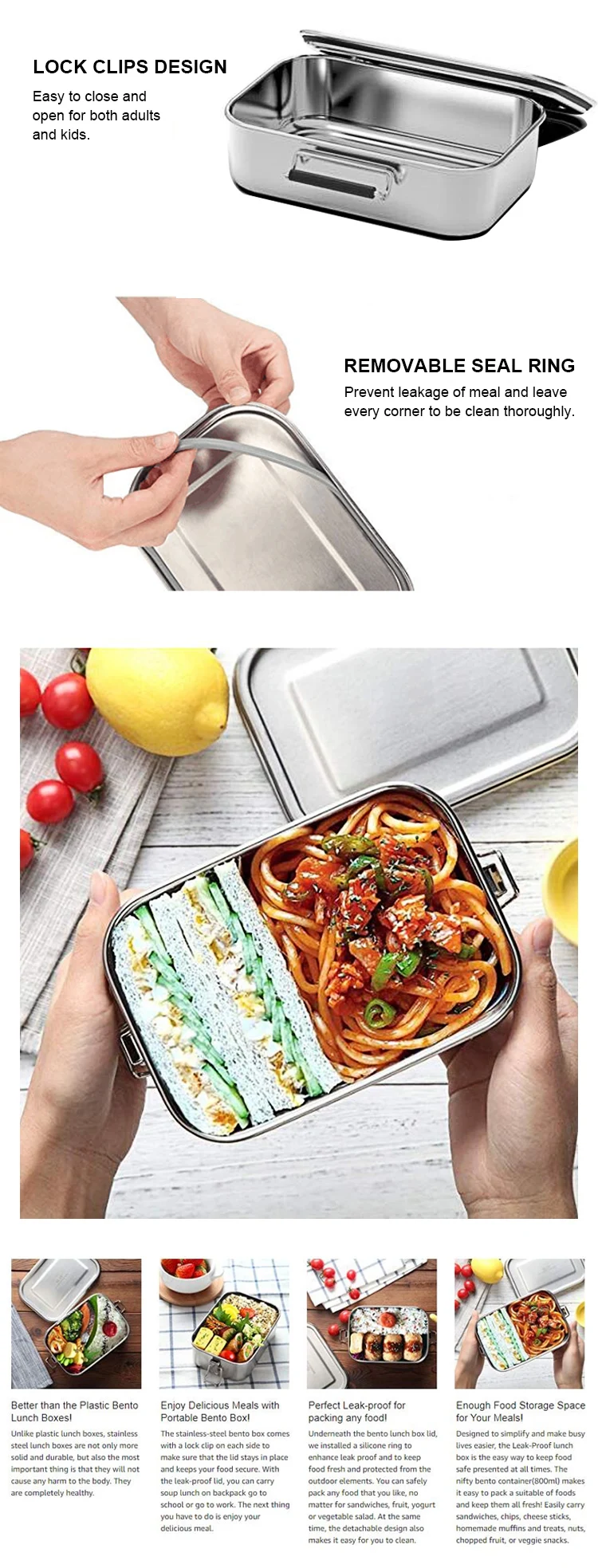 Stainless Steel Bento Lunch Box - 2 Layer 1800ML Leak Proof Container with  Safety Latch, Easy to carry to work school for lunch. Perfect for Adults