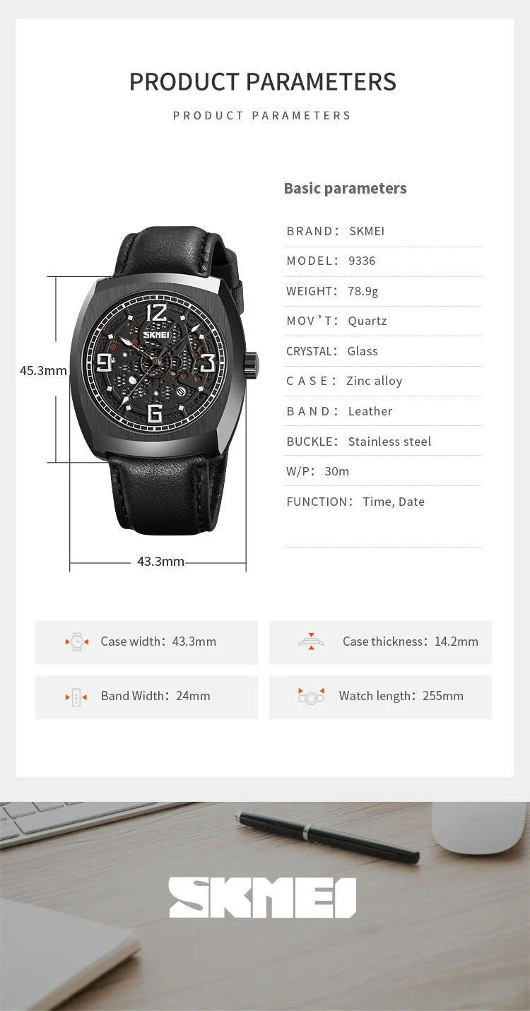 Skmei 9336 elegance guangzhou man quartz watch new arrival Genuine Leather band waterproofing Chronograph Casual watch supplier