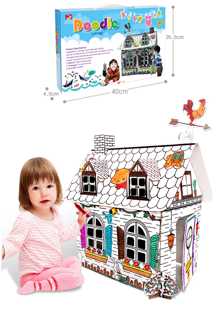 Children 3D DIY Coloring Cardboard Game Play House Painting Educational Toys 