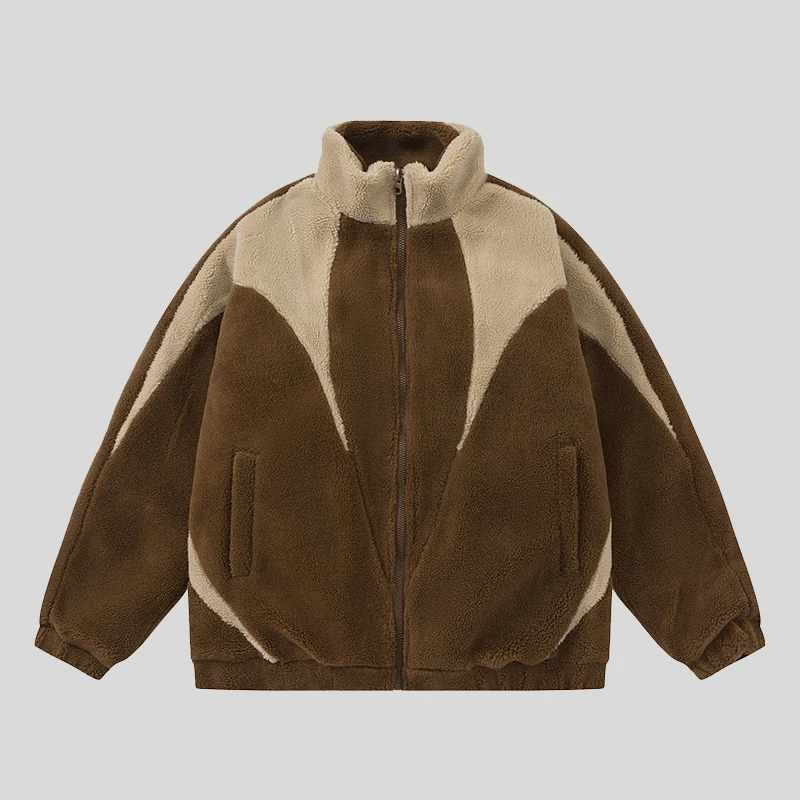 Custom Colorblock Patchwork Stand Collar Baggy Sherpa Fleece Jacket for Winter