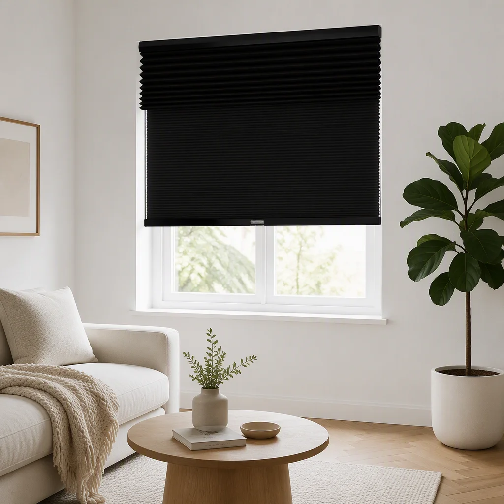 Honeycomb Blinds Cordless Simple Black 25mm Cell Full Blackout Push Latch Child Safe Living Room Custom Size Eco-Friendly OEM