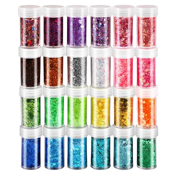 24 Boxes Holographic Chunky Glitter, Nail Art Glitter Sequins, Iridescent Glitter Flakes for Nail, Eye, Body, Face, Hair.