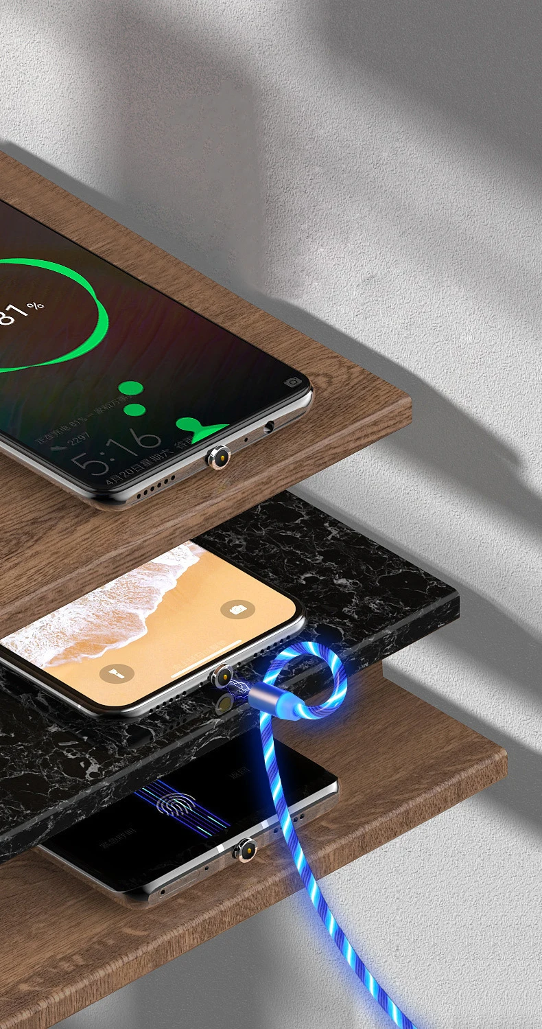 Customized Logo TPE Material 2.4A Magnetic 3in1 Usb Cable with LED Flash Light Universal Mobile Phone Charger Cable UC002