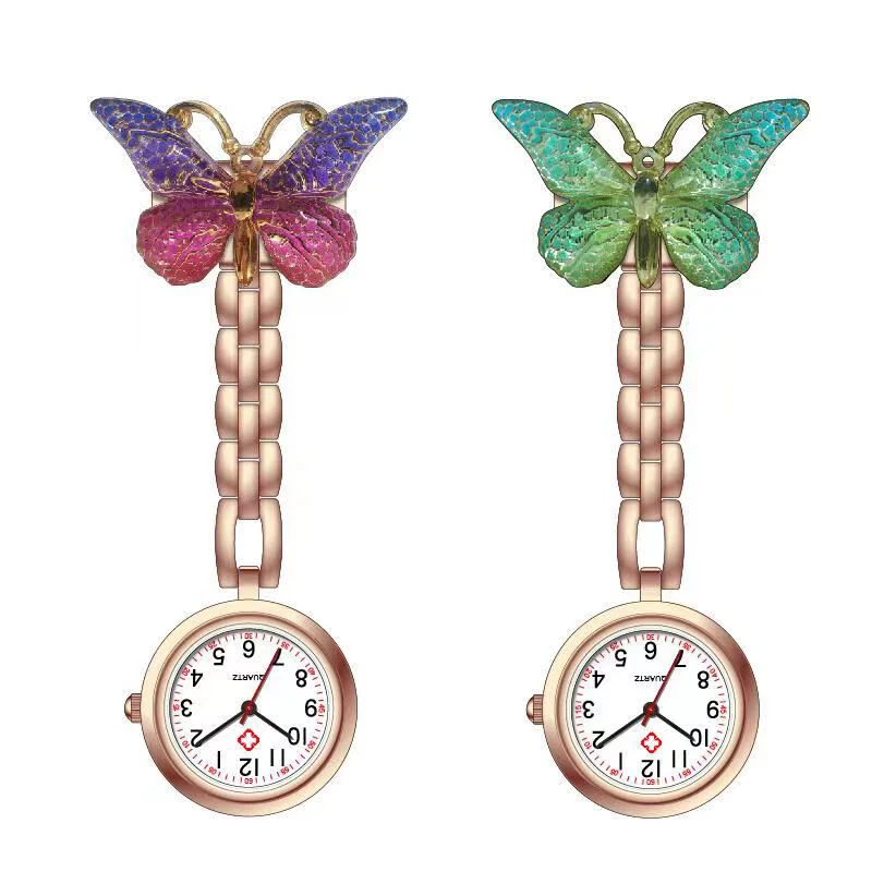Butterfly Colorful  FOB Quartz Movement Nurse Brooch  Pocket Fob Watches Breast Nurse Watch Clip Nurse Pocket Doctor Watch