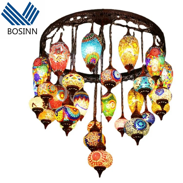 Kleurrijke Glazen Bol Kandelaar DEMMEX Turks-Marokkaanse Hangende Kandelaar – Handgemaakte Mozaïek Lantaarn (60 Cm, Bruin) Metalen Blad Kettingen