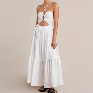 Custom High Quality Spring Summer Solid Woven Breathable Sexy Halter Neck Cut Out Bust Pleated A-Line Midi Casual Dress