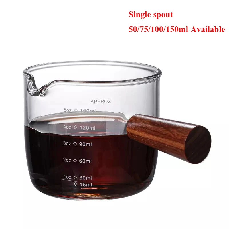 Single Spout Espresso Coffee Shot Glass with Wood Handle Measuring Cup  Triple Pitcher Milk Cup Coffee Replacement Carafe for Barista Milk Espresso