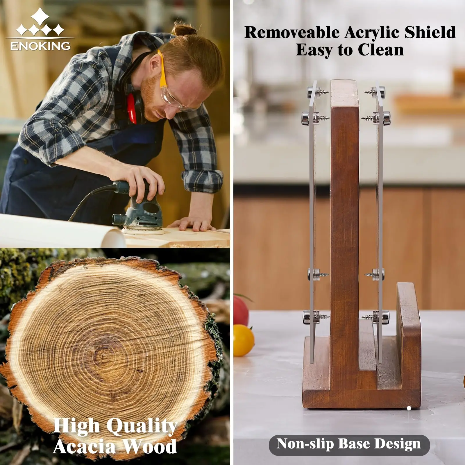 Magnetic Knife Block with Acrylic Shield, Double Side Kitchen Knife Holder Without Knives- Acacia Wood Universal Storage