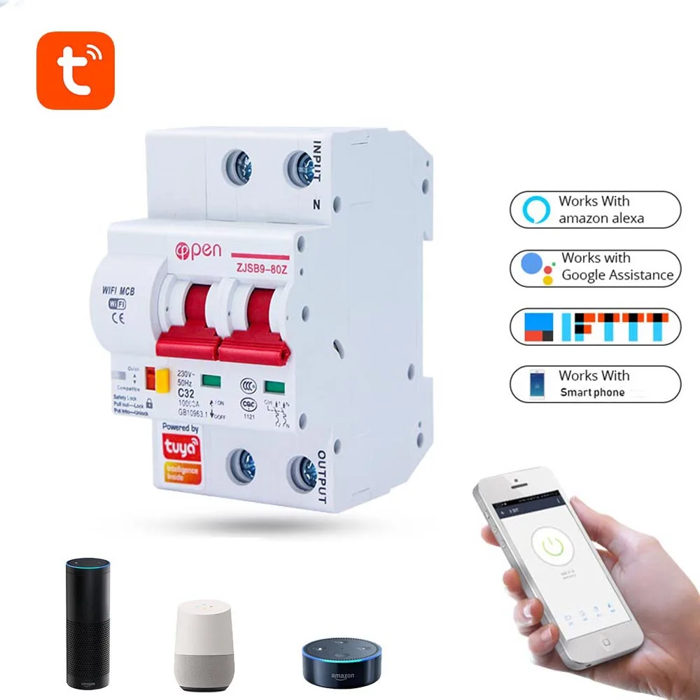 Tuya Smart Life Smart Wifi 2P Single Phase  Remote Control Din Rail Modular Miniature Mcb Circuit Breaker