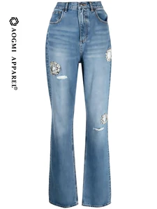 AOGMI Ladies High Waist Straight Jeans Vintage Distressed Crystal & Diamond Trim Breathable Washable Denim with 3D Pocket