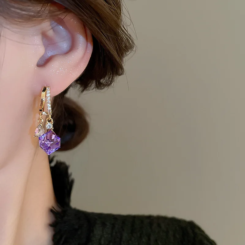 Double Layer Water Droplet Purple Diamond Genuine Gold Electroplating Fashion Elegant Luxury Wholesale Stud Earrings for Women