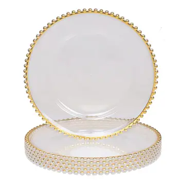 Wholesale 13 Inch Plastic Clear Gold Beaded Charger Under Plates Wedding Party Dinner Plates Dish Wedding Decorative Underplates