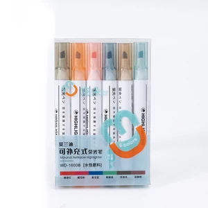 Supplementary 6-Color Gel Highlighters Set Water-Based Oblique Brush Custom School Supply Stationery Office Plastic Box Included