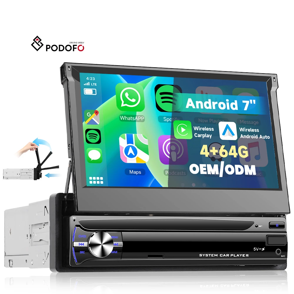 Podofo 1 Din 7'' 4+64G Manual Retractable Screen Android Car Radio Autoradio Car Stereo Wireless Carplay/GPS/WiFi/BT/USB/DSP A4112