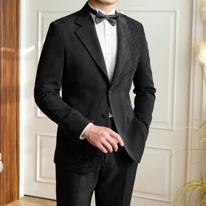 2026 New Men's Black Hand-embroidered Beads 2 Pieces Slim Groom Notch Lapel High Quality Double Vents Suit Set for Men
