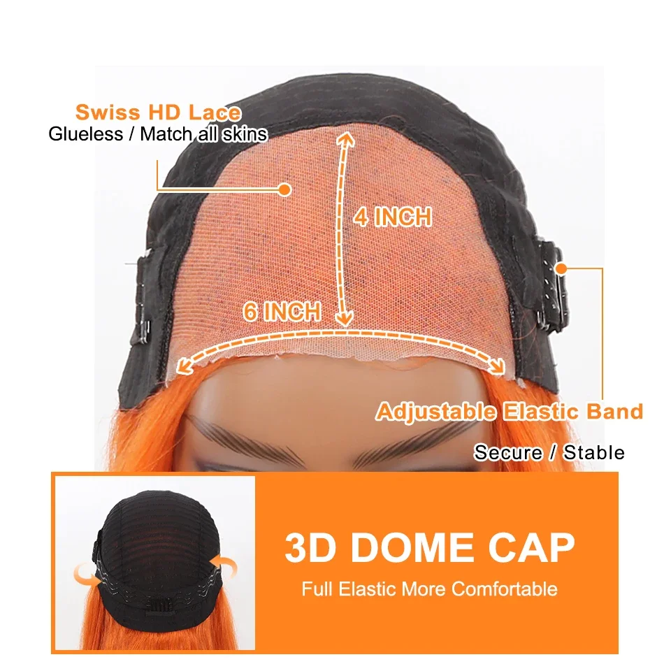 Parrucca senza colla 350 Capelli umani pre-pizzicati Colore zenzero Chiusura in pizzo dritto per principianti_voghion.com