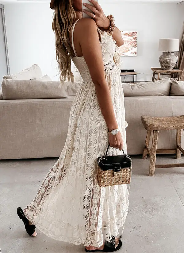 2026 Summer New Boho Sexy Maxi Dresses Sundress Plus Size slip White Lace  Dress Women Elegant