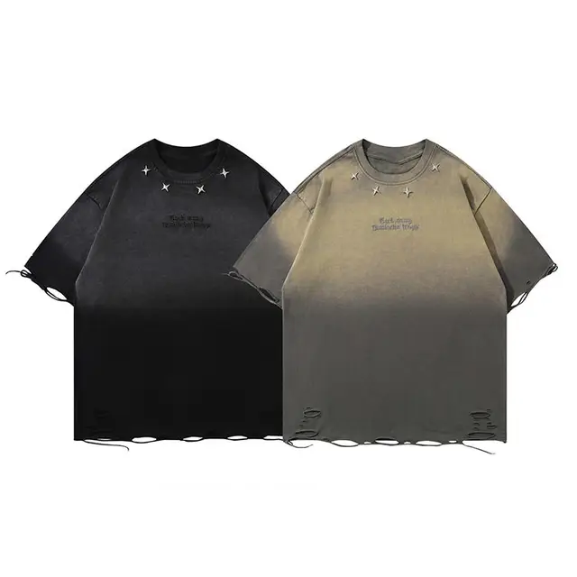 Customized 100% Cotton Round Neck Oversized Streetwear Acid-washed Men's T-shirt with Raw Hem Cut Edge