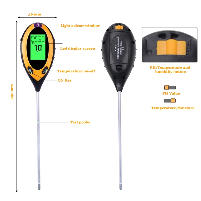 4-в-1 влажности почвы датчик движения с батареей тестирования рН Солнечный свет температуры и влажности, используемый в сельском хозяйстве Садоводство