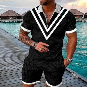 Custom Logo Zipper Polo Short Sleeve Set Fashion Digital Print Polo Shirt Shorts Set men short sets two piece