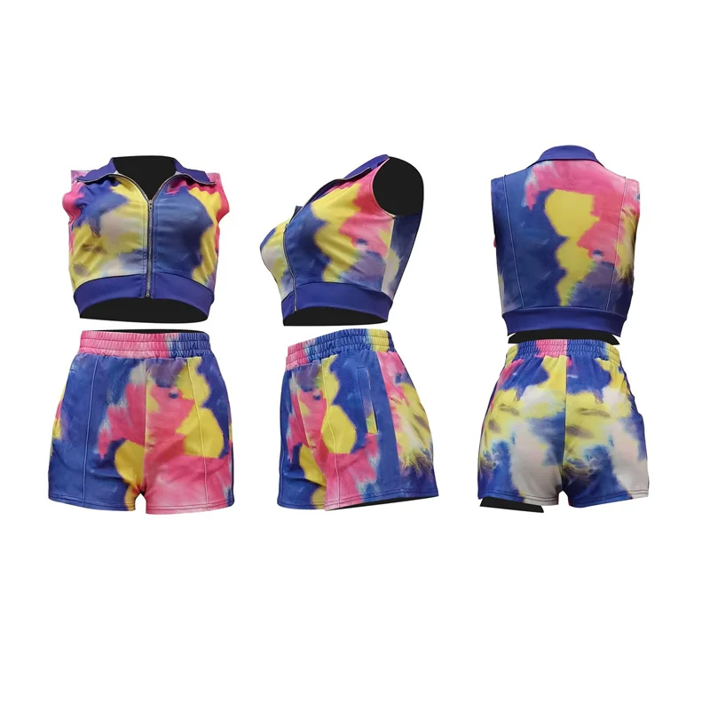 CM762 Women's summer short sleeve print tie dye splicing sports Yoga leisure suit two piece set